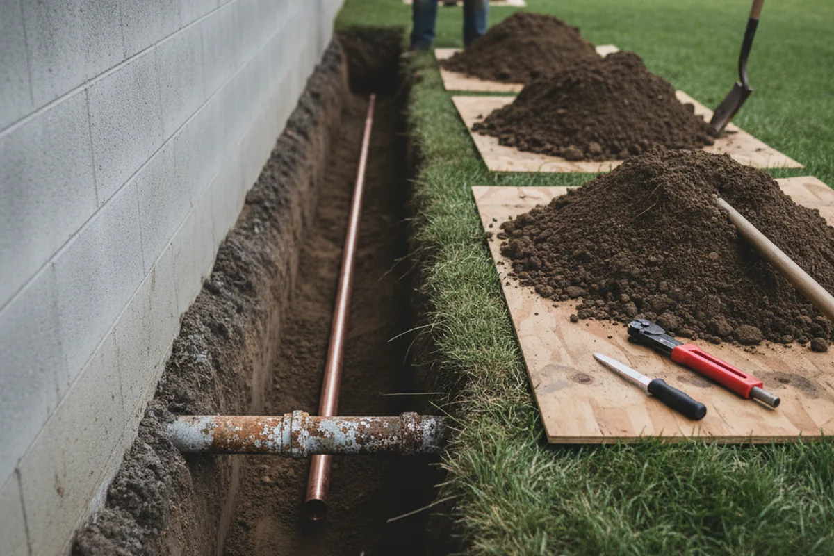 Excavated water line trench during Water Softener Installation in Astor